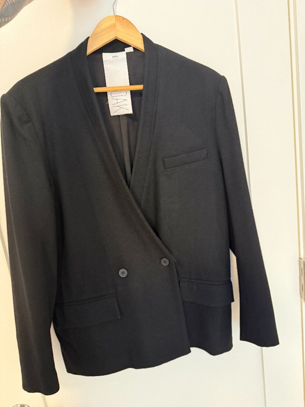 OAK NYC Asymmetric Collarless Wool Blazer — Black — Size M